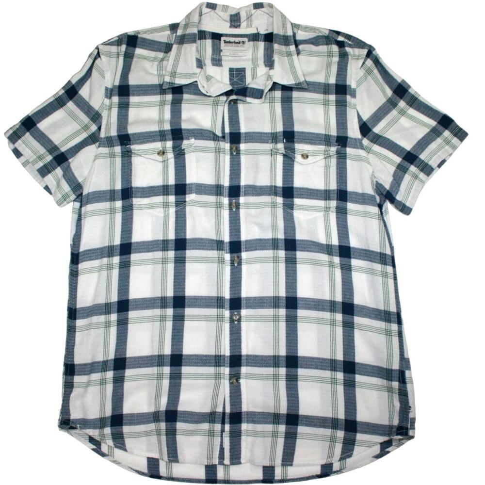 Timberland Mens Large Slim Fit Shirt Blue White Plaid Check Short Sleeve Button